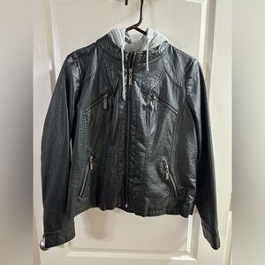 Women's Black Leather Jacket with Gray Hood